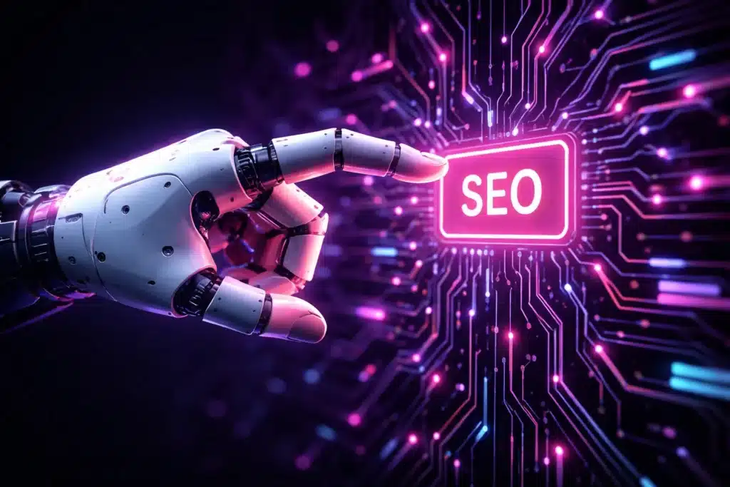AI SEO Optimization with robotic hand and glowing digital interface