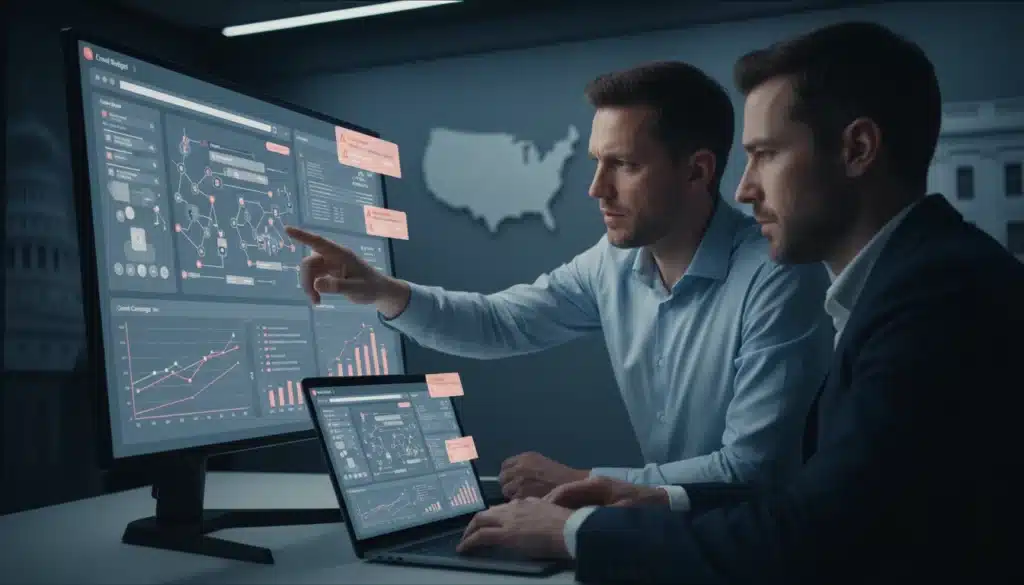 Two men analyzing a website’s crawl budget, optimizing site indexing and SEO performance.