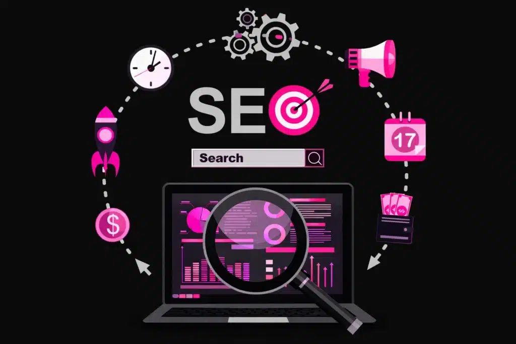 Dark themed SEO illustration of a laptop with analytics, icons, representing SEO Audit.