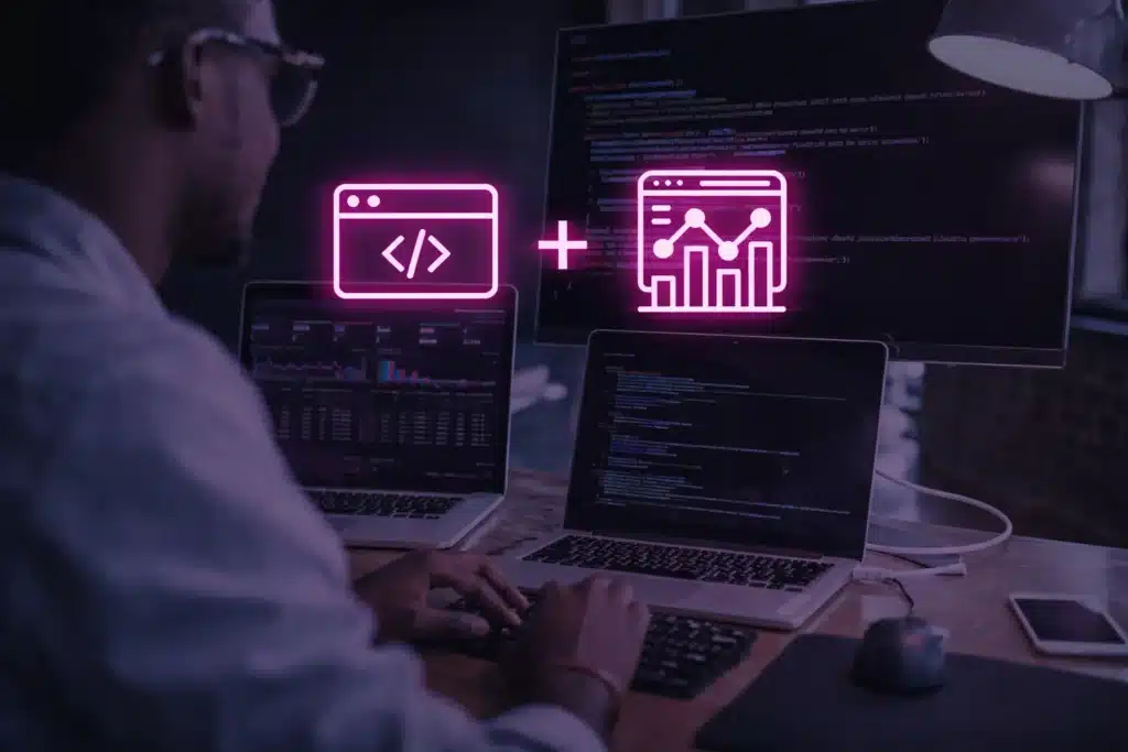 Web design and SEO with developer coding on multiple screens in a dark interface