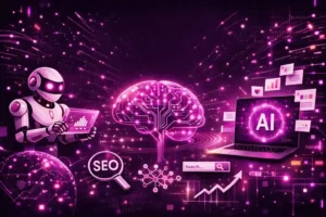 Futuristic AI optimization concept showing a robot, neural network brain, and data analytics representing AI search and SEO technology