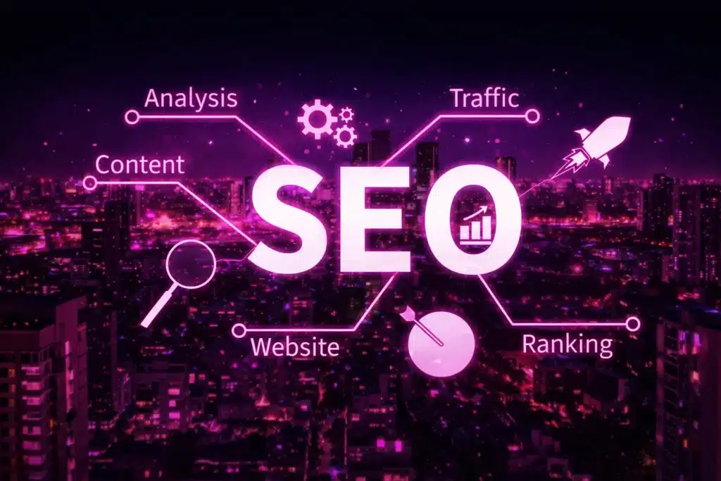 SEO Management concept with abstract digital layers and glowing pink interface elements on a dark background